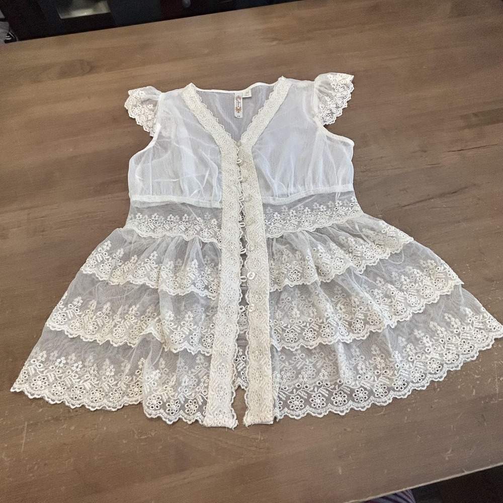 Adiva Fairycore Womens Medium White Sheer Lace Babydoll Embroidered Ruffle Top